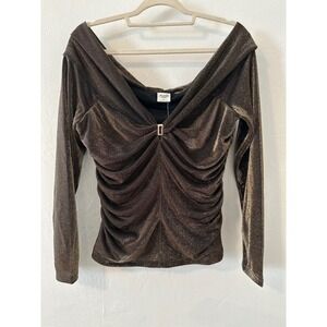 Metallic Bronze Gold Ruched Off Shoulder LS Top XL NWT Chic Elevated Party